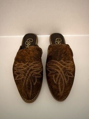 Brown Haircalf Embroidered Mule Clogs - Unknown Brand